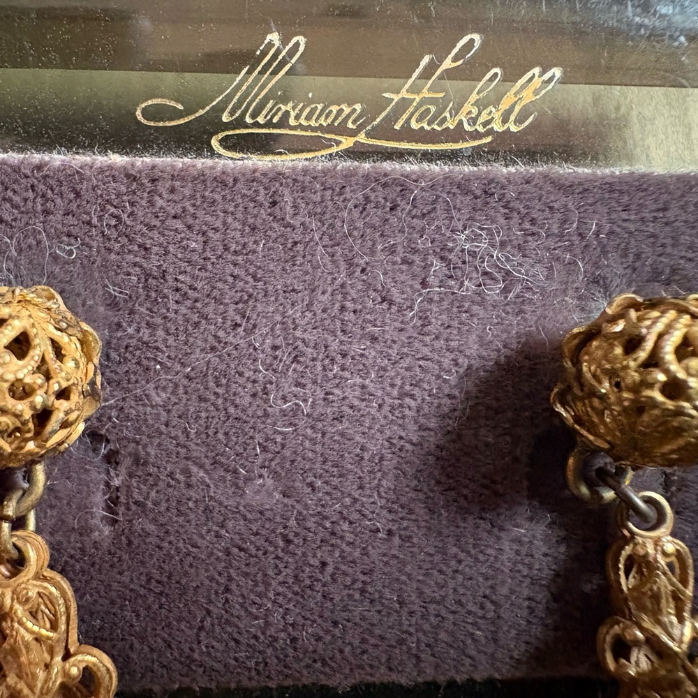 Miriam Haskell Ornate Gold Drop Earrings signed with original card RARE! - Picture 7 of 8